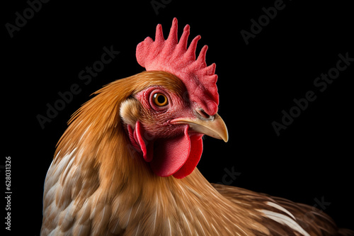 Closeup portrait of brown cochin chicken isolated on black background. photo