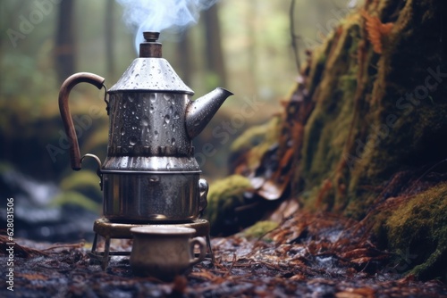 close-up of percolator on campfire with steam rising photo
