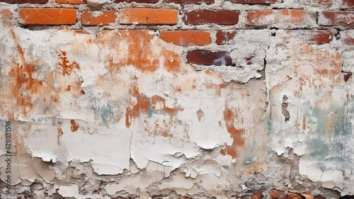 Old red brick wall surface with crumbling white plaster. Generative Ai © RUMA