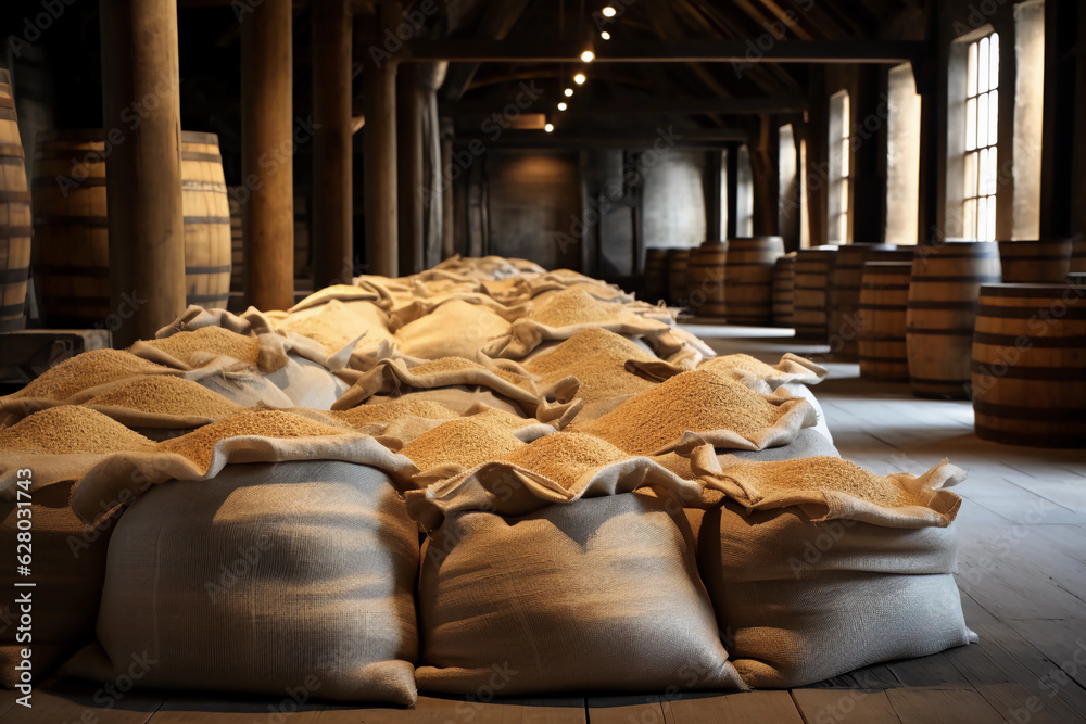 Large bags of wheat grain in the warehouse, for storage and preparation for transportation.