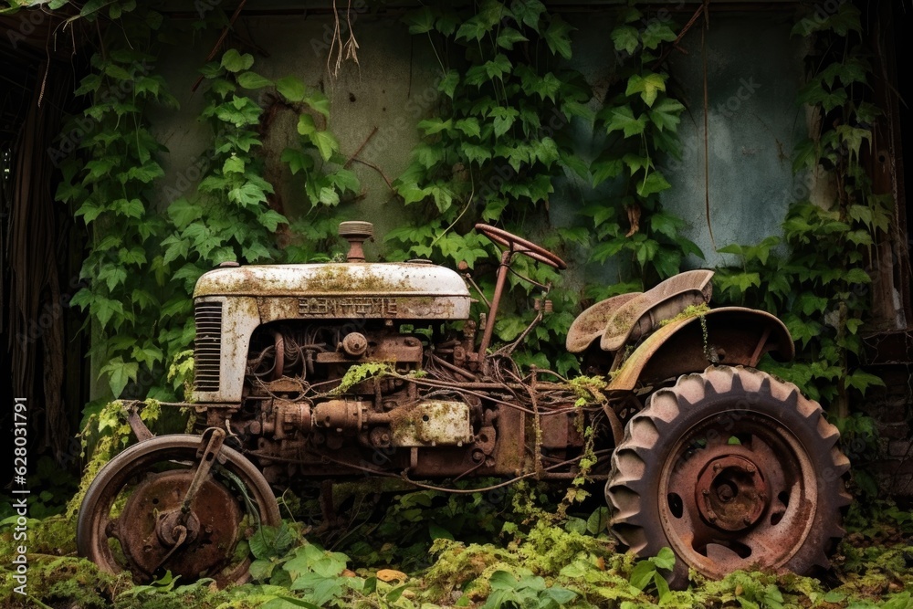 tangled vines growing around an old tractor tangled vines growing around an old tractor