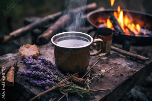 lavender tea in a rustic mug beside a campfire