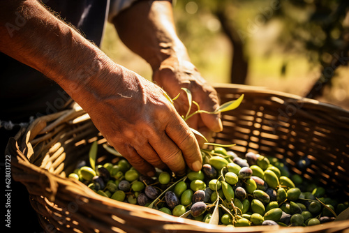 Male farmer's hands harvest olives. Organic fruits and vegetables. Farming