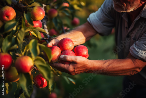 Male farmer's hands harvest apples. Organic fruits and berries. Farming