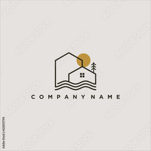 line art Lake or river House logo vector