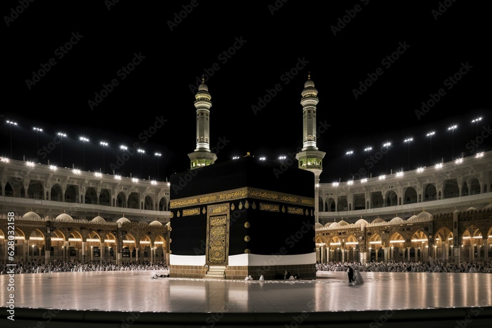 Nighttime view of Kaaba in Mecca. Generative AI