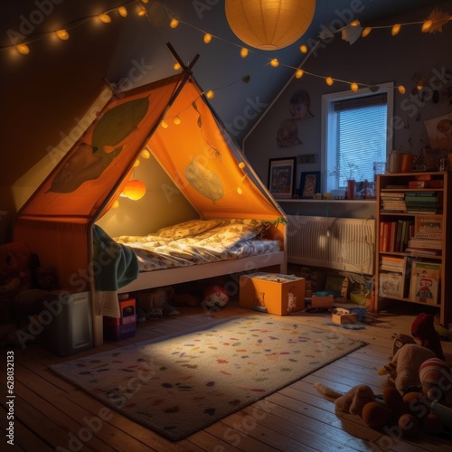 Children's bedroom in the evening with toys and tent. Generative AI.