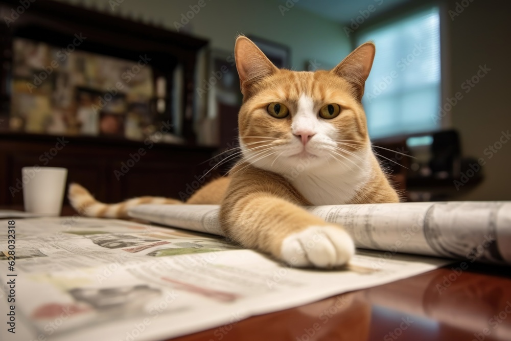 cat stretching next to morning newspaper on table