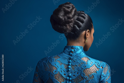 Black hair in elegant updo hairstyle. Generative AI illustration