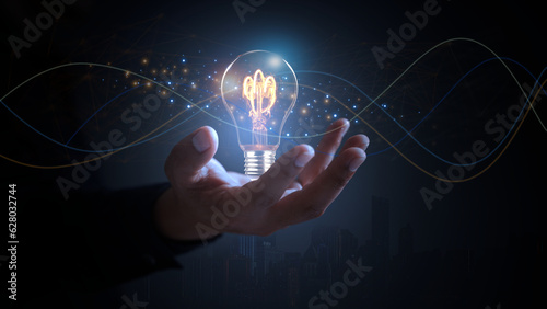 Creative solution or idea for web banner design or landing page template for creative agency with hands coming out of the screen with light bulbs and colorful abstract geometric shapes and lead lines.
