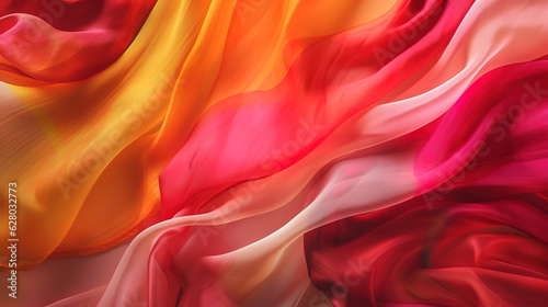 Red yellow pink silk chiffon. Colorful scarf. Bright elegant background for design. Generative Ai