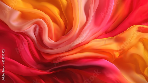 Red yellow pink silk chiffon. Colorful scarf. Bright elegant background for design. Generative Ai