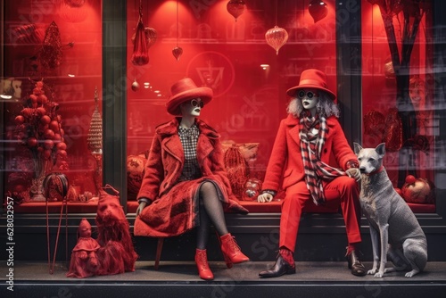 themed holiday store window with mannequins dressed in festive attire