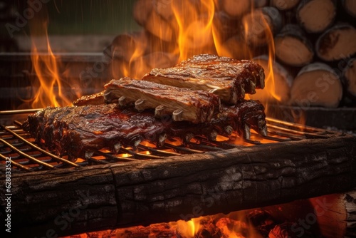 ribs sizzling with campfire flames in background