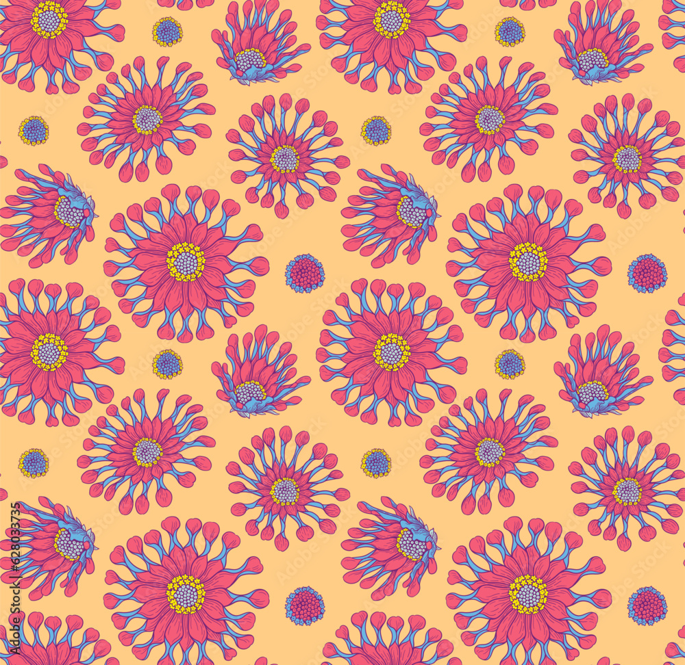 Flowers seamless pattern, blossoming pink flowers. Spring or summer fabric floral ornament Flowers seamless pattern, blossoming pink flowers. Spring or summer fabric floral ornament