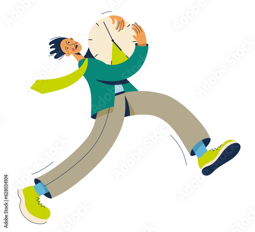 Businessman running with clock in hands. Concept of deadline and time pressure.