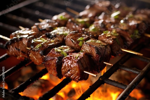 charred beef skewers with grill marks on bbq photo