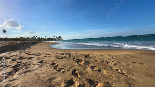 ocean waves rolling onto a sandy beach with palm trees on the distant horizon in Punta Cana, Dominican photo