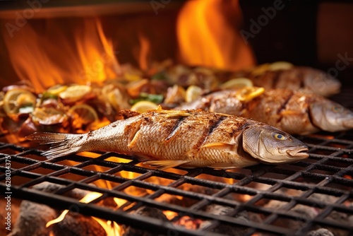 close-up of fresh catch sizzling on beach grill