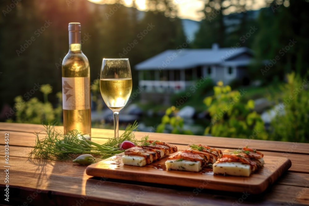 grilled halloumi on cedar plank in a serene outdoor setting