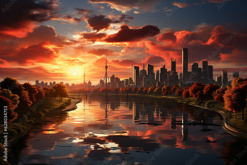 Fototapeta premium A dramatic sunrise over a city skyline, with the sun rising above the buildings and casting long shadows, Generative AI technology.