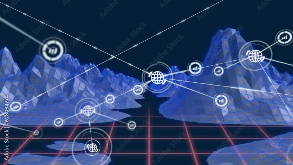 Animation of network of connections with icons over metaverse Animation of network of connections with icons over metaverse