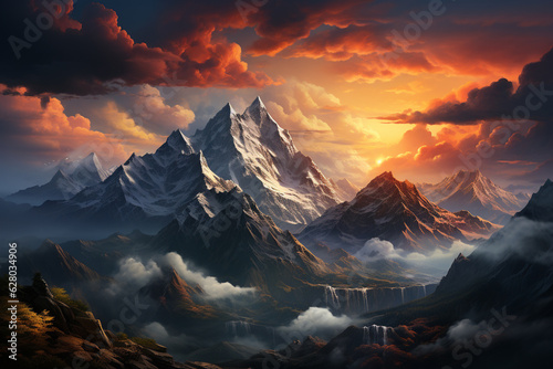 A breathtaking aerial view of a sunrise above a mountain peak, with the soft clouds and mist adding an ethereal touch to the scene.  Generative AI technology. © Natalia
