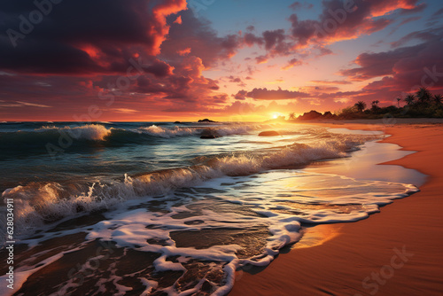 A serene and pastel-colored sunrise over a beach, with gentle waves lapping against the shore, creating a peaceful and tranquil atmosphere. Generative AI technology.