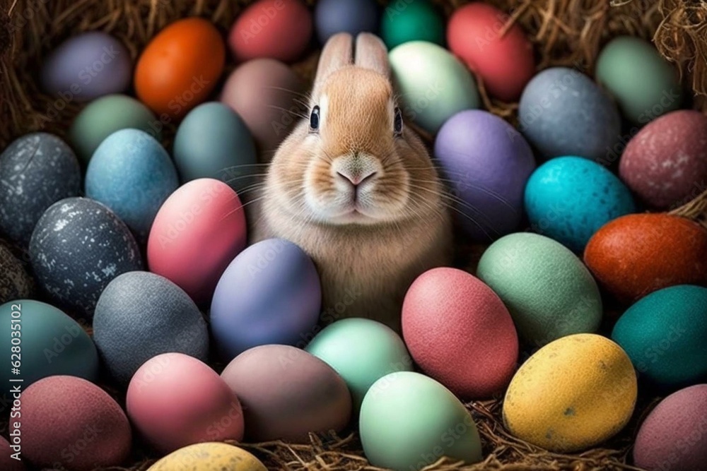 Colorful Easter bunny amidst eggs. Generative AI