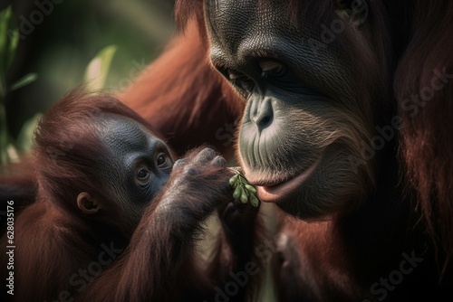 A Sumatran orangutan mother feeds her young offspring. Generative AI