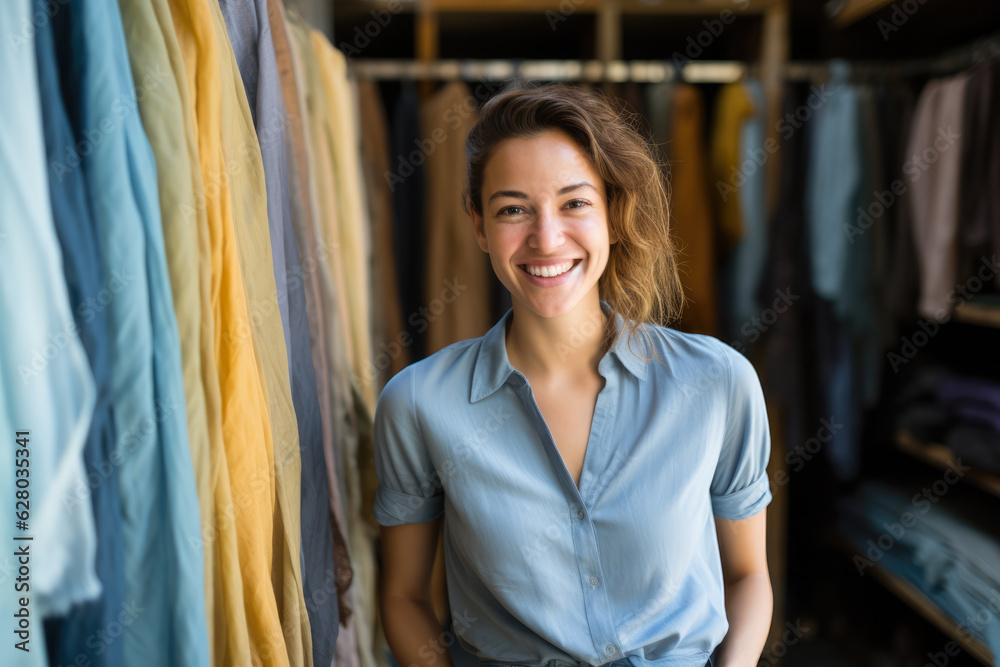 Young business woman smiling while standing proudly on her recently opened textile store. Generative AI