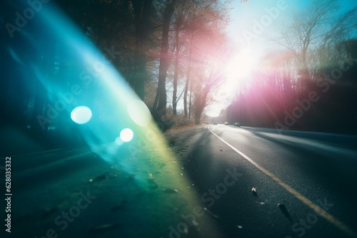 Colorful light leak with blue, cyan, and teal shades and lens flare gradiation. Generative AI