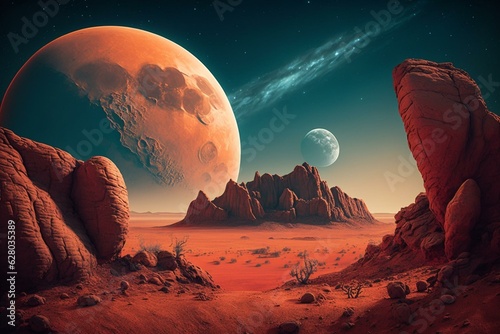 Arid red planet with rocky terrain, large Mars-like moon in horizon. Ideal for sci-fi and space exploration. Generative AI