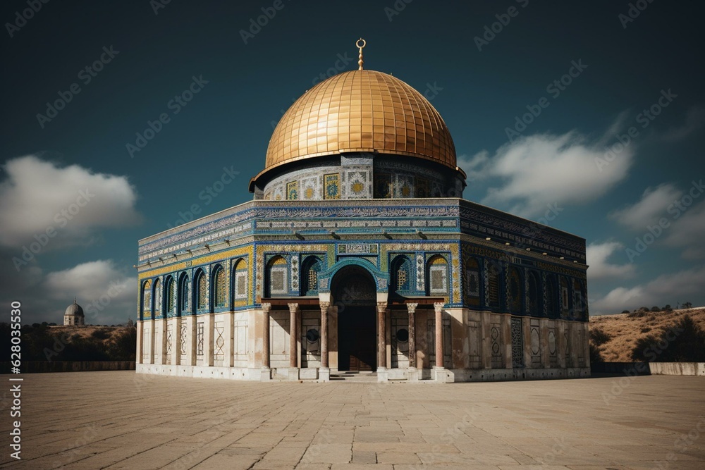 Iconic golden dome of the Rock in Jerusalem, Israel. Generative AI