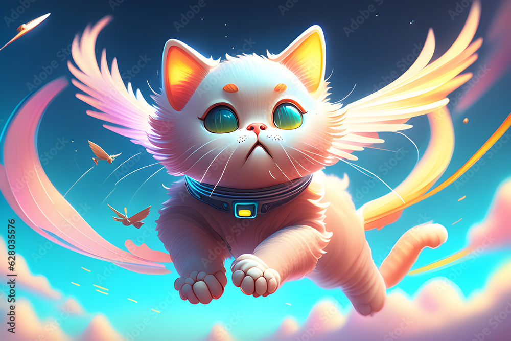 a lovely cat flying to the sky