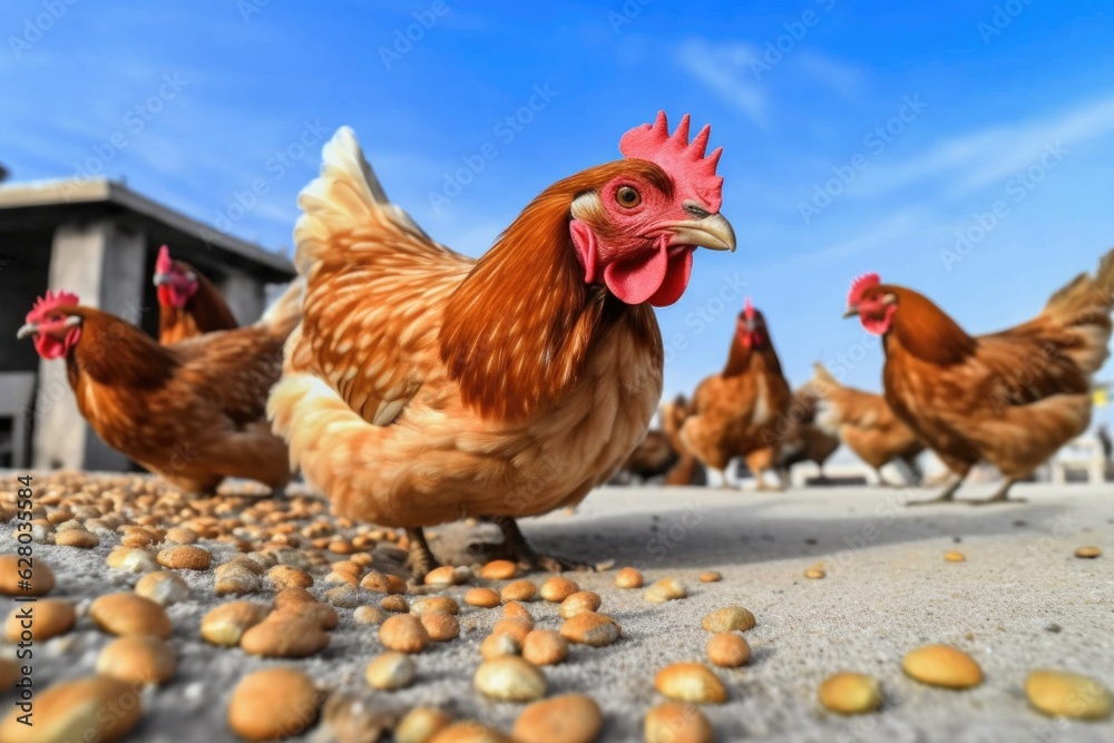 Fototapeta premium close-up of hens pecking at grains on the ground