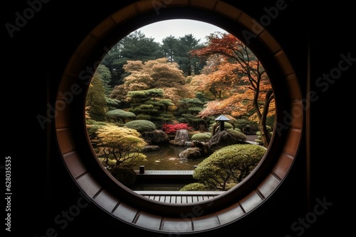 Viewing Japanese garden from circular window in Japanese design. Generative AI