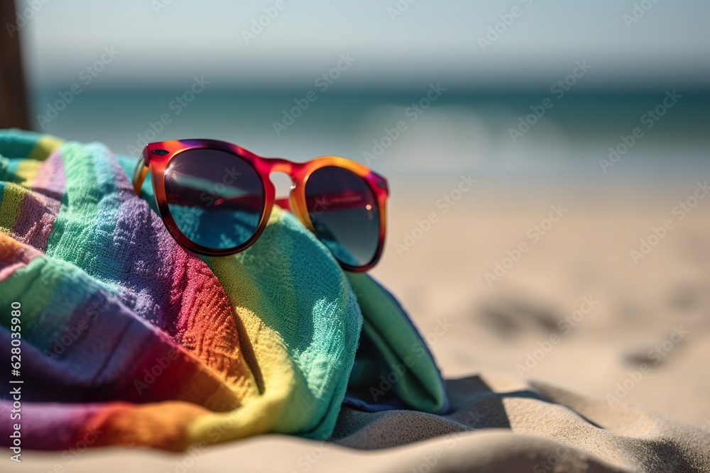 Close up sunglasses and towel lies on beach with ocean sunny background