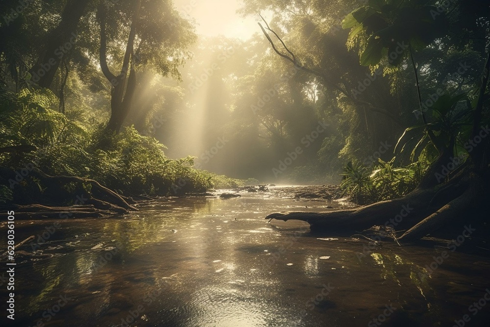 Scenic view of a lush river landscape in the Amazon rainforest. Generative AI