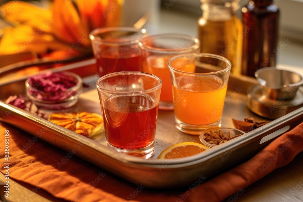 close-up of tequila sunrise ingredients on a tray close-up of tequila sunrise ingredients on a tray
