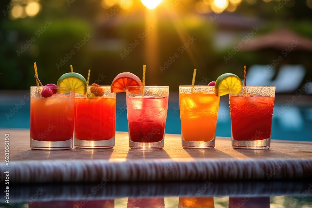 Fototapeta premium tequila sunrise cocktails lined up on a poolside table