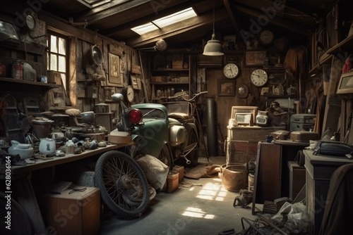 An antique garage filled with vintage items. Generative AI