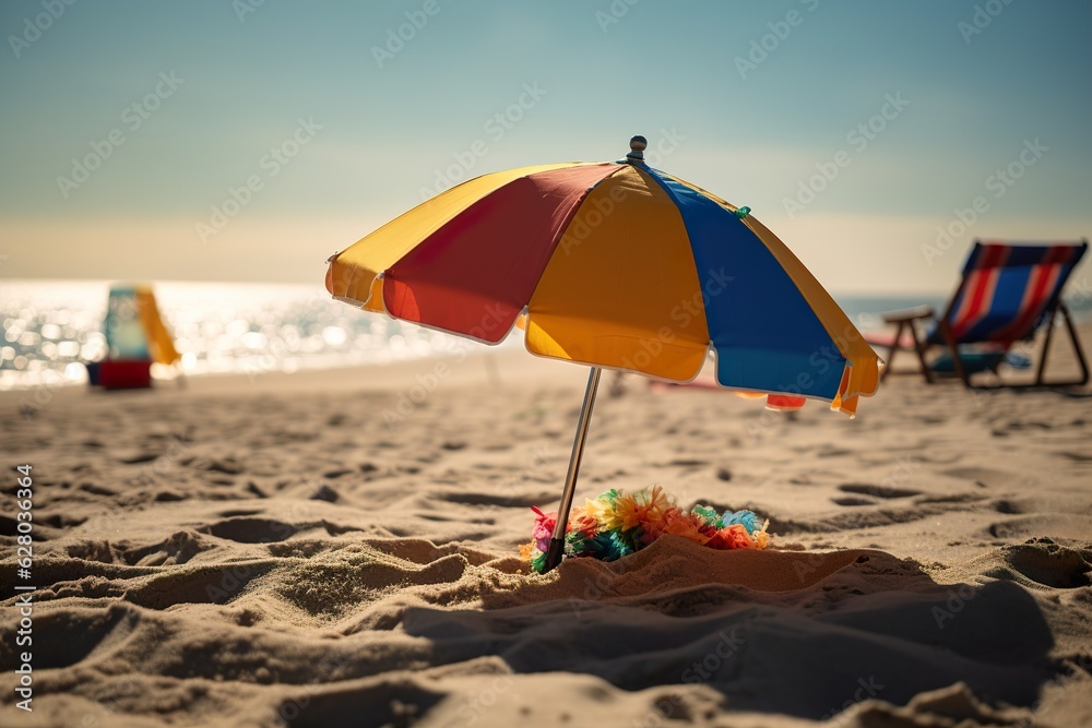 A sun beach umbrella stands on a sandy beach with a sunny ocean background