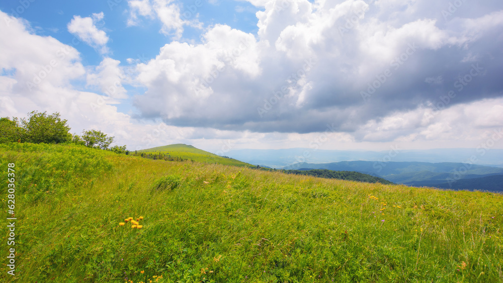 nature scenery with hills and meadows. summer mountain landscape with clouds on the sky. view from runa mountain