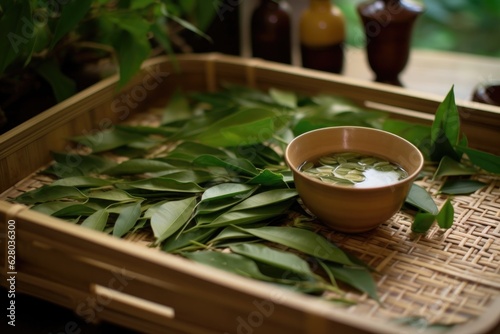 close-up of fresh tea leaves on a bamboo tray