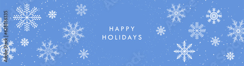 Teal Blue Happy Holidays Christmas Banner. Beautiful Christmas Background with big white snowflakes. Editable Vector Illustration. EPS 10.