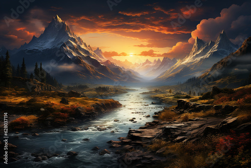 A serene mountain sunrise, with misty valleys and the sun peeking through the peaks, creating a tranquil and majestic scene. Generative AI technology.