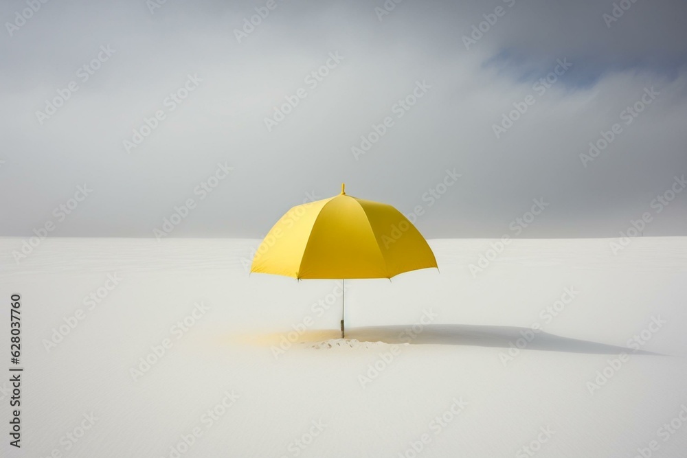 A solitary yellow umbrella stands against a plain white backdrop. Generative AI