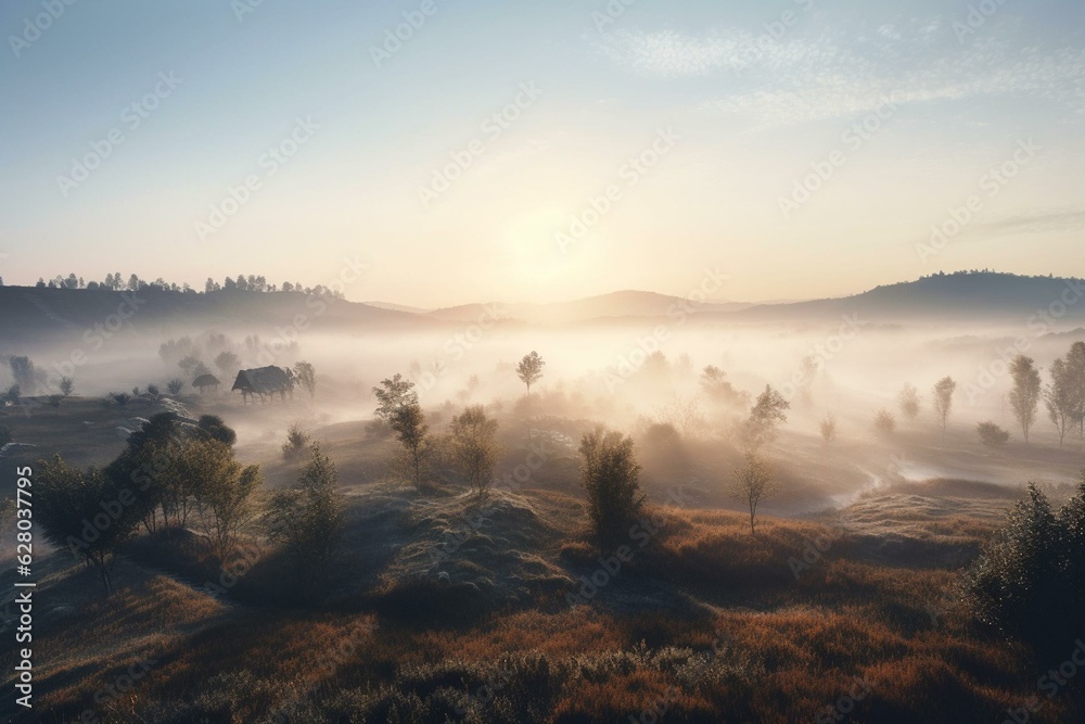 Enigmatic misty morning with sun rising in a 360-degree panoramic rendering. Generative AI