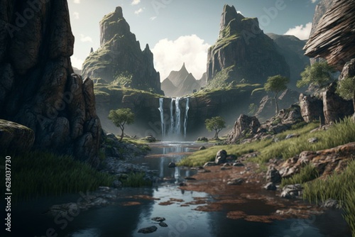 A highly detailed landscape featuring a waterfall and natural scenery with Unreal Engine 5's ultra-wide angle and depth of field. Generative AI